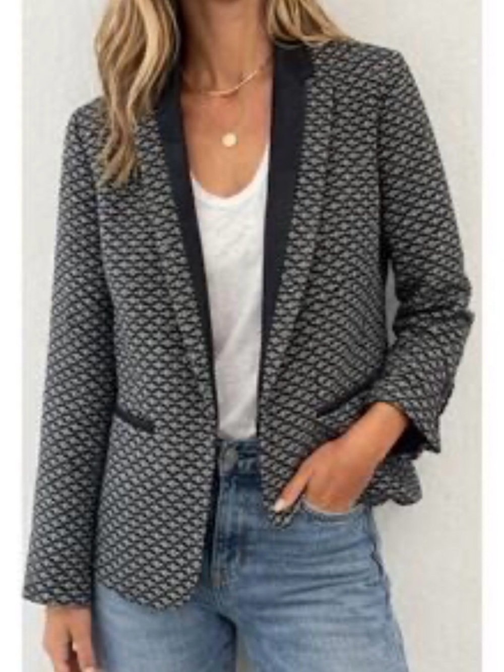 rag & bone Black Patterned Open-Front Blazer with Leather Trim